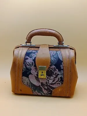 Vintage Carpet Tan Leather Bag Doctors Bag Floral Tapestry Mary Poppins Bag • $111.75
