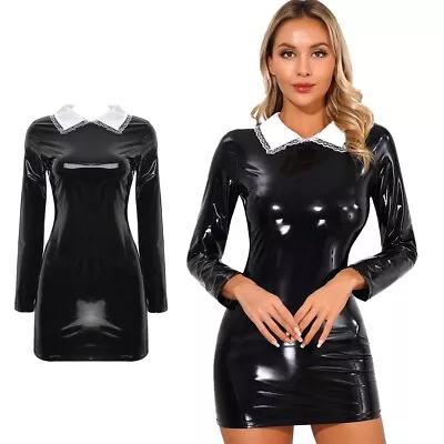 Womens Patent Leather Long Sleeve Mini Dress Satin Collar Zipper Bodycon Dress • £22.31