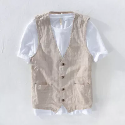 Men's Waistcoat XL Casual Cotton Linen Stripe Vest Jackets Pocket Gilet Tops • $16.52