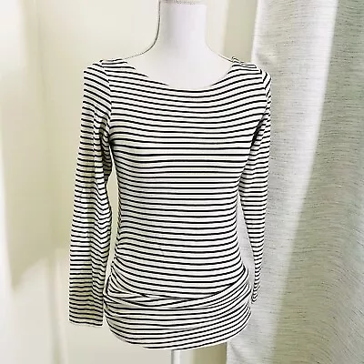 H&M Maternity Shirt Black White Striped Long Sleeve Medium Crew Neck Rouched • $4.99