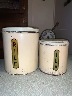 VINTAGE Canister Classic Willow Brand Green Canister PAIR 2 Rice Tea Metal Aust • $35