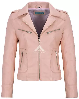 £119.75 • Buy Ladies Leather Jacket BABY PINK Biker Motorcycle SHORT Style REAL NAPA 9823 