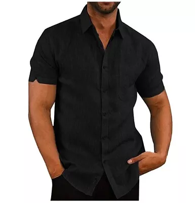 Mens Cotton Linen Casual Shirt Button Short Sleeve Regular Fit Solid Work Tops • $15.72