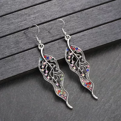 Ethnic Indian Boho Long Leaf Earrings Fashion Jewelry Crystal Pendant Earrings • $6.59