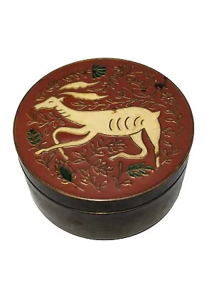 VTG 70s Brass Round Lidded Box Container Ornate W Cloisonné Deer Medieval Style  • $19.99