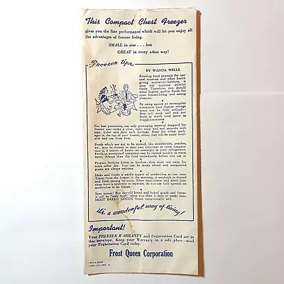 Frost Queen Compact Chest Freezer Warranty & Envelope Vintage 1960s Ephemera • $4