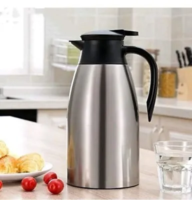 2L Insulated Vacuum Jug Stainless Steel Coffee Tea Carafe Double Walled Silver • £16.11