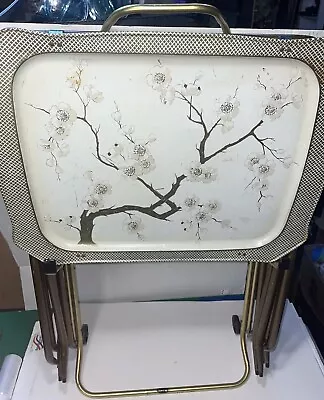 Vintage Metal TV Tray Set Cream Floral Roses Retro Cal-Dak W/stands Holder • $115