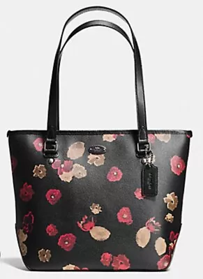 Coach Oxford Zip Top Black With Floral Print Canvas Tote/Shoulder Bag F37055 EUC • $69.99