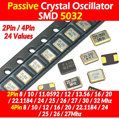 5032 SMD Passive Crystal Oscillator Ceramics Resonator 8Mhz To 32Mhz 2Pin 4Pin • £2.15