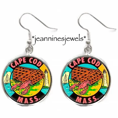 Cape Cod Vintage Travel Luggage Sticker Art Print EARRINGS Silver Charm Dangle • $21.99