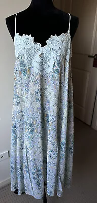 $59 • Buy SEED HERITAGE Size 6 Blue Lace Trim Geo Print Midi/maxi Slip Dress Beach Casual