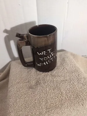 Vintage 1970s Wet Your Whistle Whistle For Your Beer Brown Ceramic Mug Cup Glaze • $15