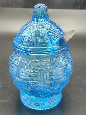 Vtg Blue Glass Lid Honey Pot Mustard Jelly/Jam Pot W/Spoon Basket Weave 5.75  • $14.99