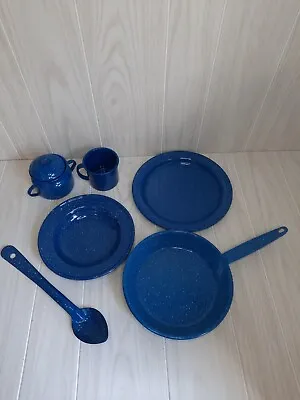 $25 • Buy Vintage Blue Enamel Cookware Camp Dishes