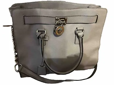 Michael Kors Large Hamilton Gray Taupe Handbag Satchel Tote Bag Saffiano Leather • $52.49