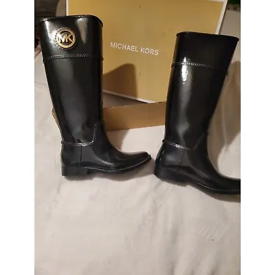 MK Michael Kors Logo Black Stockard Tall Rubber Rain Boots Rainboot Sz 6 36 • $49