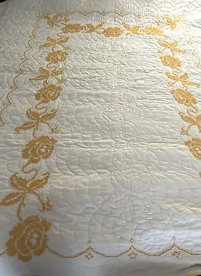 Vtg Quilt Cross Stitch Roses Gold White Swags Scallops Hand Quilted 85 X 93  • $84.99