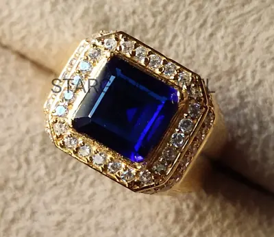 18k Yellow Gold Men's Ring Lab Created Blue Sapphire 18k Gold Heavy Men's Ring. • $659.99