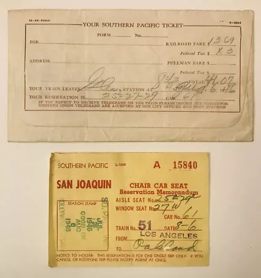 Vintage SOUTHERN PACIFIC RAILROAD Train TICKET Expired Ticket August 6 1946 • $21.65