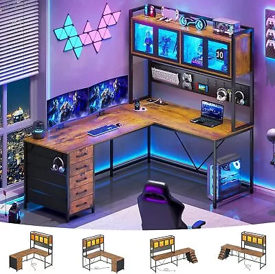 L Shaped Computer Desk 5 Drawers Gaming Desk With Led Lights Hutch And Pegboard • $199.99