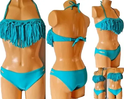 Womens Bikini Turquoise Aqua Fringe Tassel Padded Bandeau Hipster Uk 10 12 New • £12.95