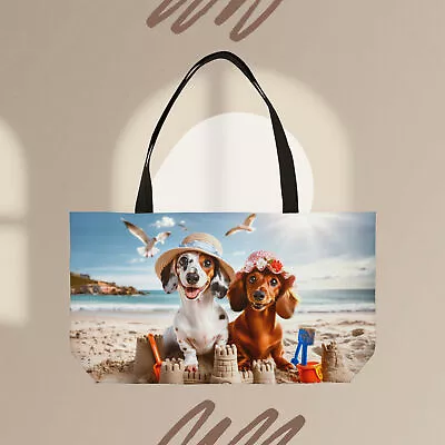 Delightful Duo Sandcastle Miniature Dachshunds Beach Tote - Weekender Tote Bag • $30.65