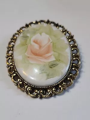 Vintage Goldtone Handpainted  Porcelain Brooch/Pin Pendant Signed Brinks Flint • $15