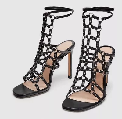 Zara Black Leather Caged Heeled Sandals W/ Sliver Studs Sz37 Us6.5 $119 • $109