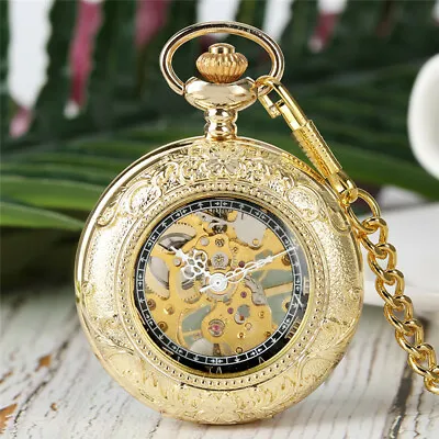 Men's Vintage Mechanical Pocket Watch Half Hunter Antique Golden Case Fob Chain • £21.18