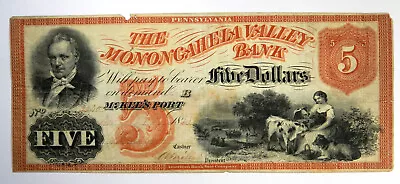 1858 $5 THE MONONGAHELA VALLEY BANK McKEE'S PORT PA OBSOLETE! VF! SN#2240 • $105