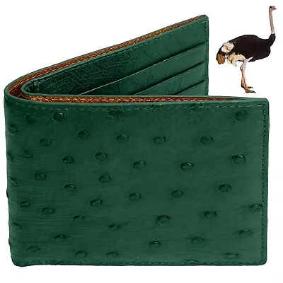 Green Genuine Ostrich Leather Slim Bifold Wallet RFID Blocking Gift For Men • £84