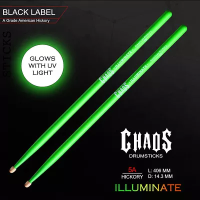 Drum Sticks Chaos Illuminate 5a Drumsticks – 3 Pairs Fluro Green - Glow In Dark  • $60