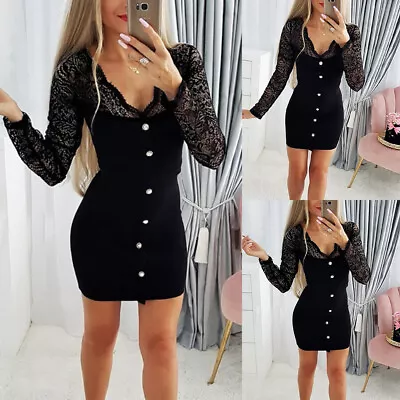 Women's Long Sleeve Lace Bodysuit Dresses Ladies Casual Evening Clubwear Dress • £14.09