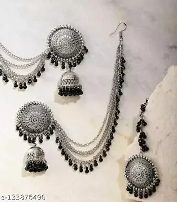 Ethnic Indian Traditional Bollywood Style Silver Oxidized Jhumka Long Earrings • $22.99