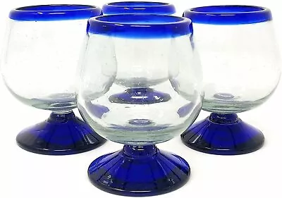 Cobalt Blue Rim Cognac Snifter Tequila Glasses - Set Of 4 (7 Oz Each) • $39.99