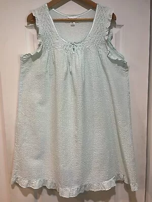 Miss Elaine Nightgown Wms XL Short Sleeveless Green Searsucker Ruffles PJ Summer • $22.99