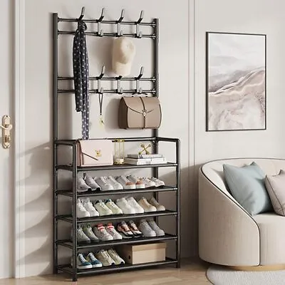 5Tiers Shelves Metal Coat Rack Stand With Shoe Storage Hallway Furniture 8 Hooks • £15.99