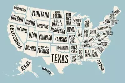 USA United States Map States With Text Names Decorative Art Print Poster 36x24 • $13.98