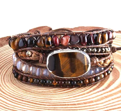 HOT Tigers Eye Premium Healing Stone Chakra Leather 5 Strand Wrap Bracelet E23 • $17.99