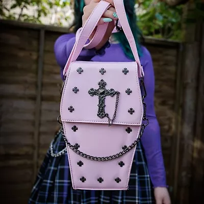 SMALL METAL CROSS COFFIN PINK Pastel Goth GOTHX HANDBAG Vegan Gothic Bag • £35.99