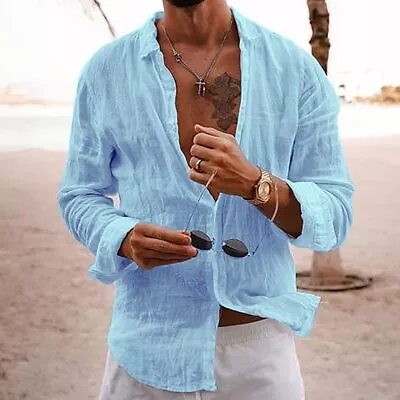 Men Casual Cotton Linen Shirt Long Sleeve Loose Blouse Button Down Shirts Tops • $15.19