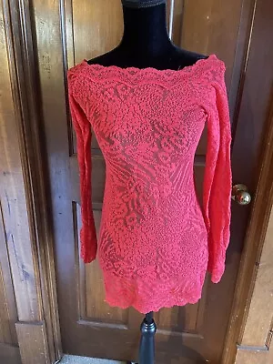 Victorias Secret Red Sheer Lace Long Sleeve Mini Dress Size Medium • $10