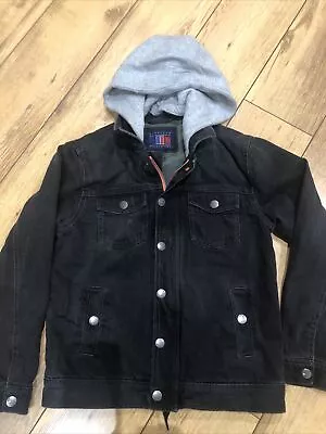 Boys Next Black Denim Jacket Age 11  With Detachable Hood Good Condition • £9