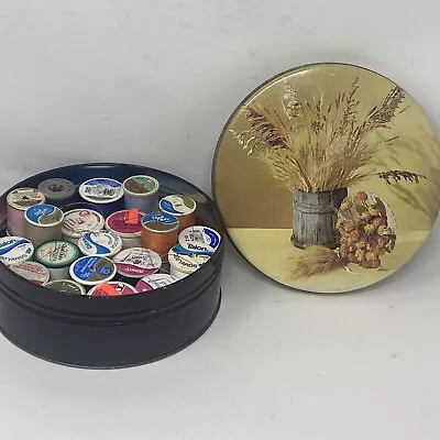 10  Vintage Tin With Wheat & Flowers Lid Full Of Sewing Thread • $15.30