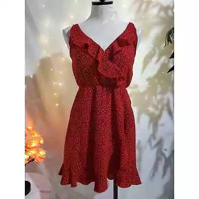 Divided H&M Red Leopard Animal Print Ruffle V Neck Mini Dress Womens Size 4 • $14.99