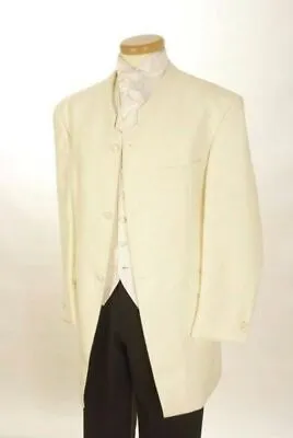 Mens Ivory Nehru Jacket 38 Wool Brocade Mandarin Collar Jodhpuri Blazer Wedding • $18.61