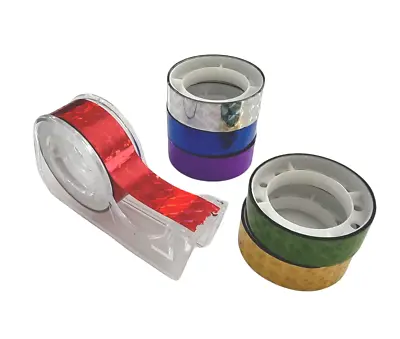 6 X Holographic Adhesive Tape Rolls 10mm Wide & Dispenser. Christmas Xmas Craft • £3.19