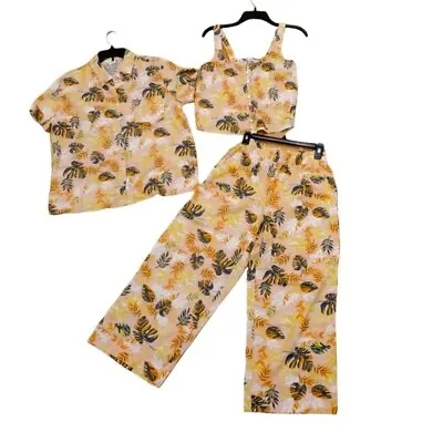 3 Piece Linen Set Matching Pants Tank Collared Shirt NWOT Floral Nicole Miller • $99