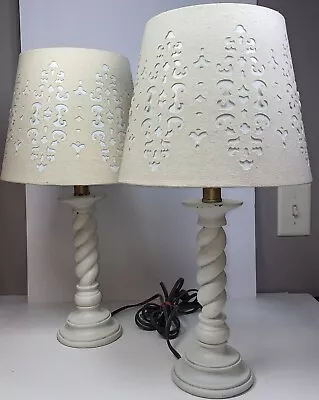 Pair Of Wood Barley Twist Table Lamps 19”Tall 10”W Lattice Shades Vtg Off-White • $87.93